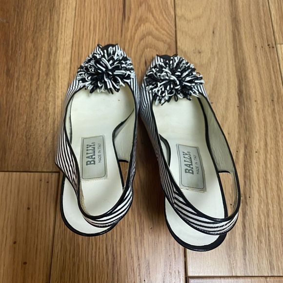 Bally Pom Pom Peep Toe Heels Black White Stripe Slingback, Size 6. 3” Heel‎ - Picture 6 of 13